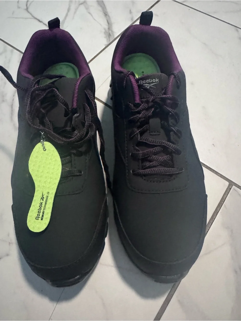 Steel toe Reebok Black Sneakers with Purple Lining and Green Insoles
